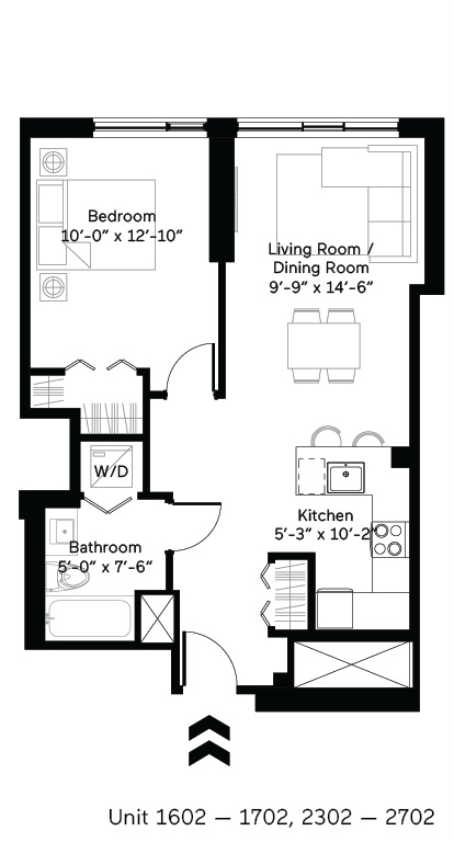 Floor plan for 1 bed, 1 bath, 675 sqft